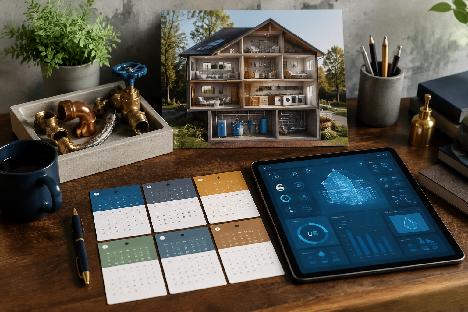 Home maintenance command desk with calendar, tablet and plumbing planning notes